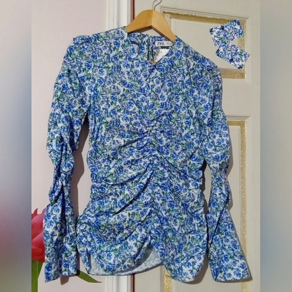 ZARA🐞Ruched Blue Floral Cotton Long Sleeve Blouse Sz: S - Picture 11 of 12